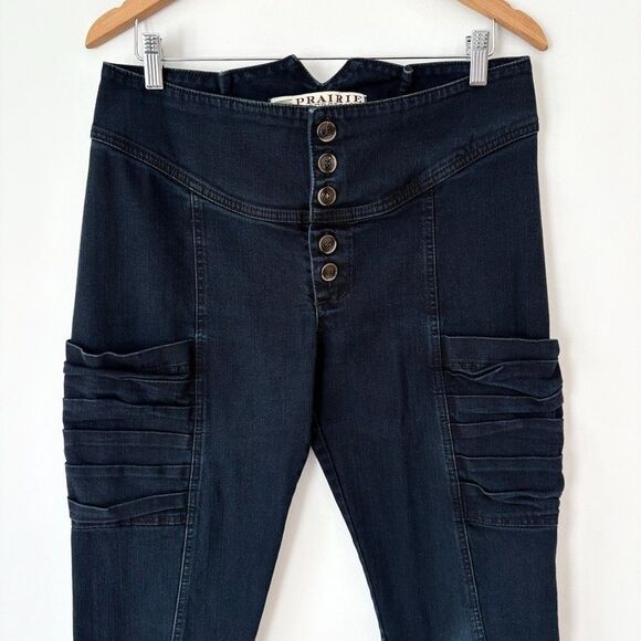 Prairie Underground Organic Cotton Crop Blue Denim Button Fly Moto Jeans Sz 31 - Picture 2 of 9